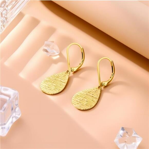 Gold teardrop dangle earrings for women sterling silver hammered drop leverback - Picture 6 of 7